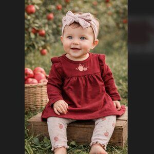 Kit + Pearl Baby Girl Outfit 3-6M Apple Set Red Top Pants Headband Fall Boho NWT